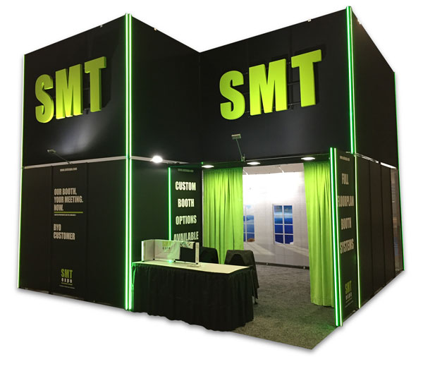 Custom 20x20' Black booth 16' high. SMT green accents and company name